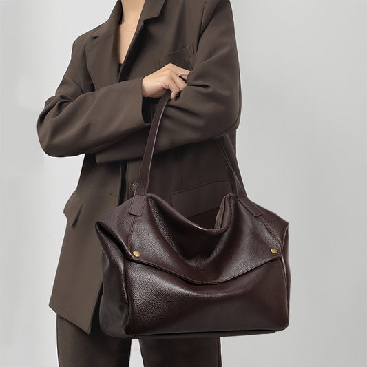 Brown genuine leather commuter shoulder bag for women