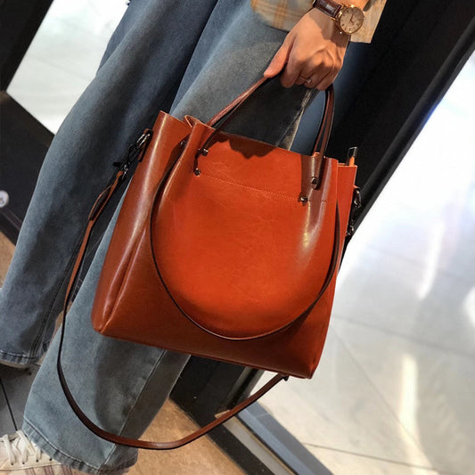 Brown large capacity cowhide leather shoulder bag for women