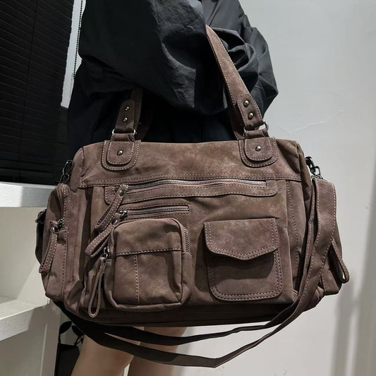 Brown suede-style PU leather tote bag for women