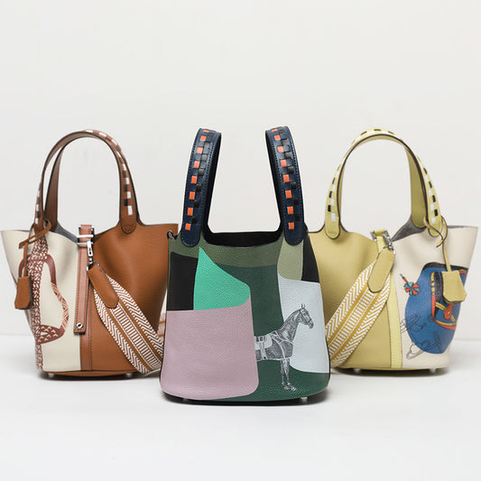 Colorblock genuine cowhide bucket shoulder bag for women