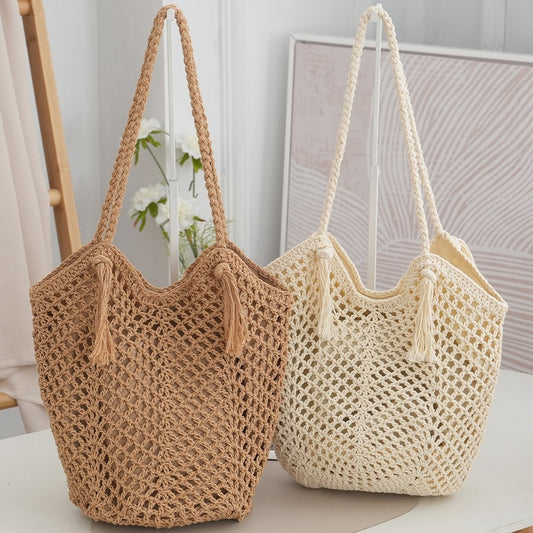 Creamy white handmade cotton thread shoulder bag with tassels