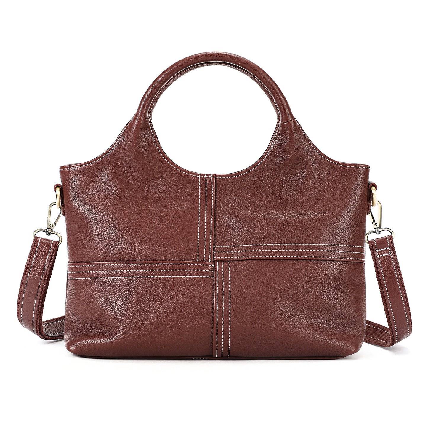Close-up of stitching on luxury cowhide crossbody bag