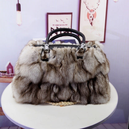 Elegant evening bag with silver fox fur texture