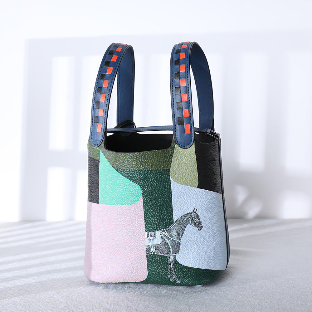 Strapless floral green cowhide bucket bag with document pocket