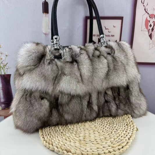 Luxury silver fox fur shoulder messenger bag