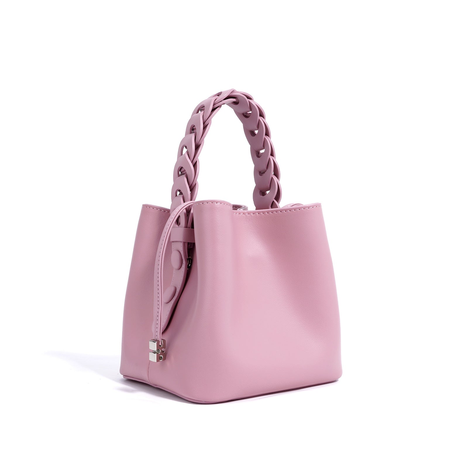 Front view of hand-woven mini crossbody bucket bag