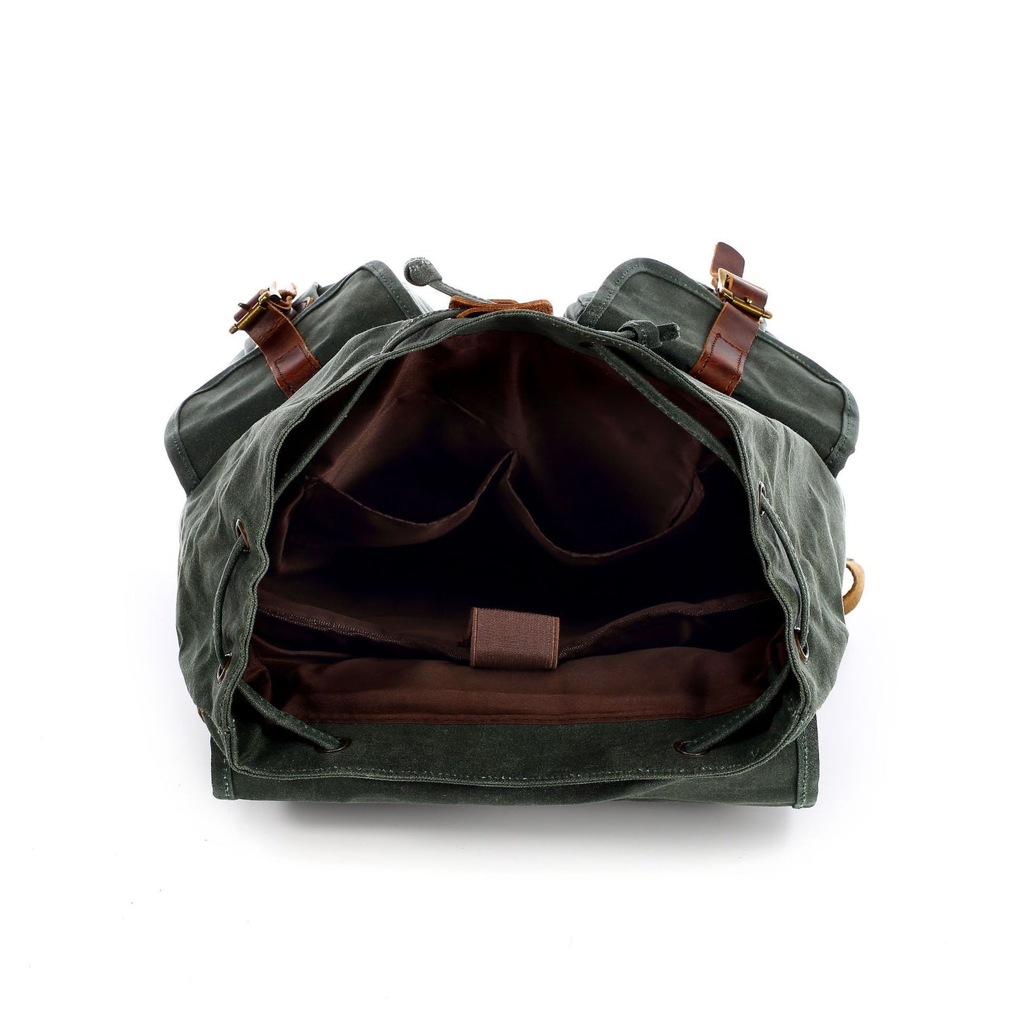Front view of vintage leather-accented canvas backpack