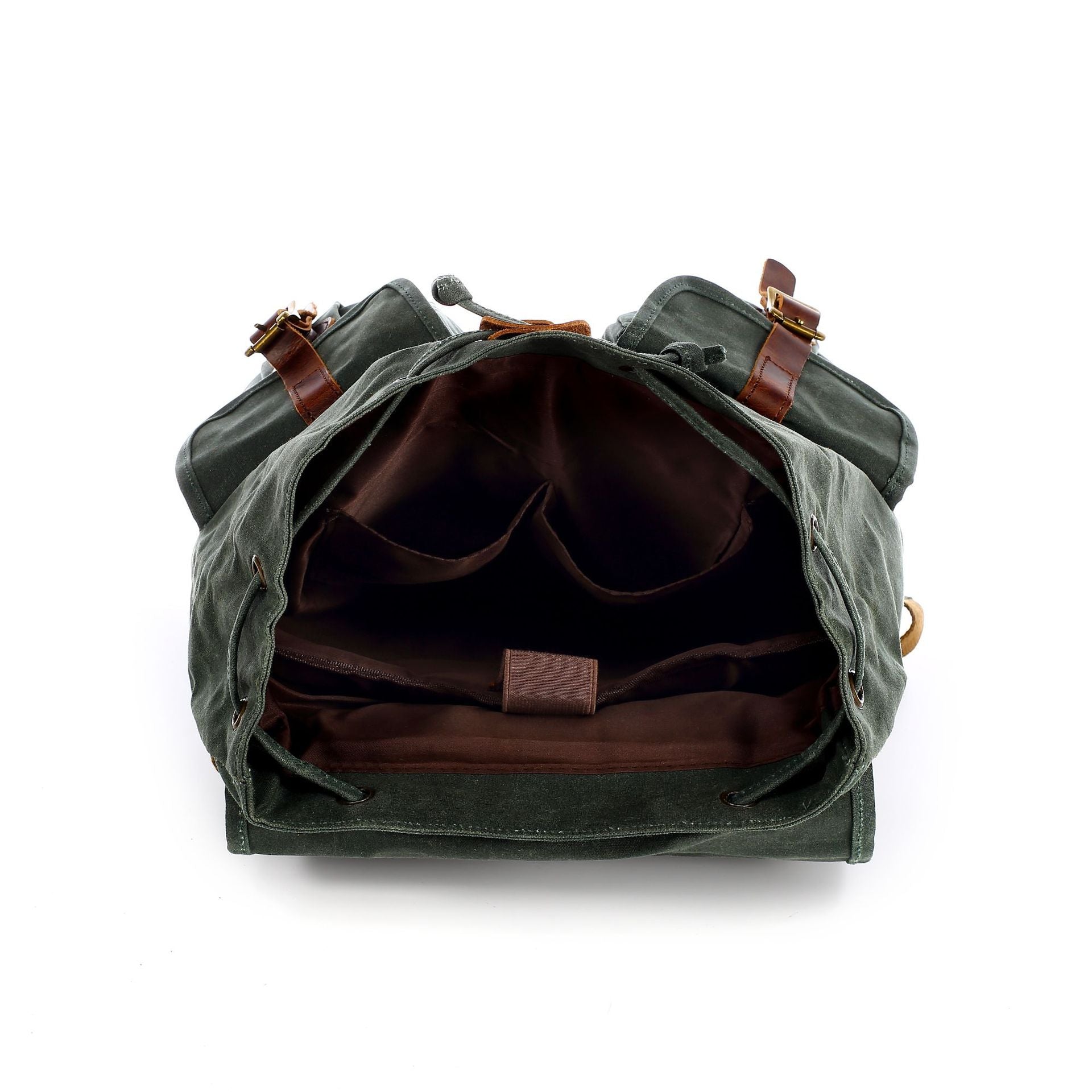 Front view of vintage leather-accented canvas backpack