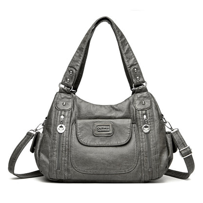 Gray retro leather tote with horizontal square shape