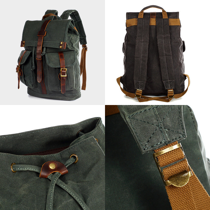 Green retro-style canvas backpack with curved shoulder straps
