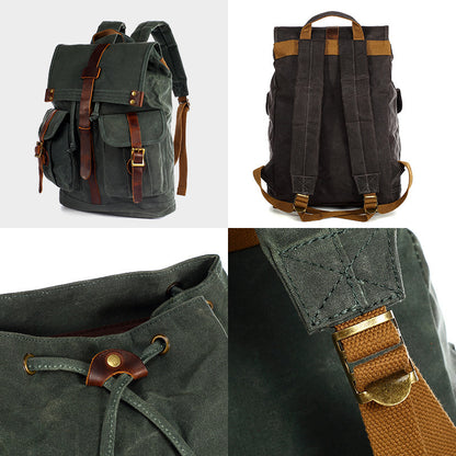 Green retro-style canvas backpack with curved shoulder straps