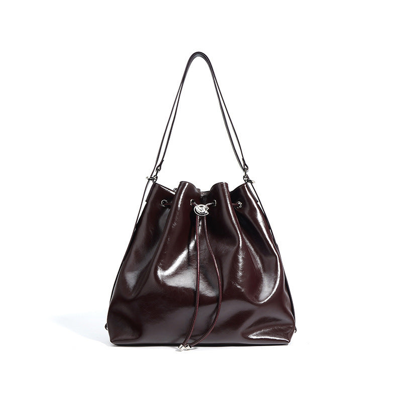 Interior compartments of genuine leather bucket purse