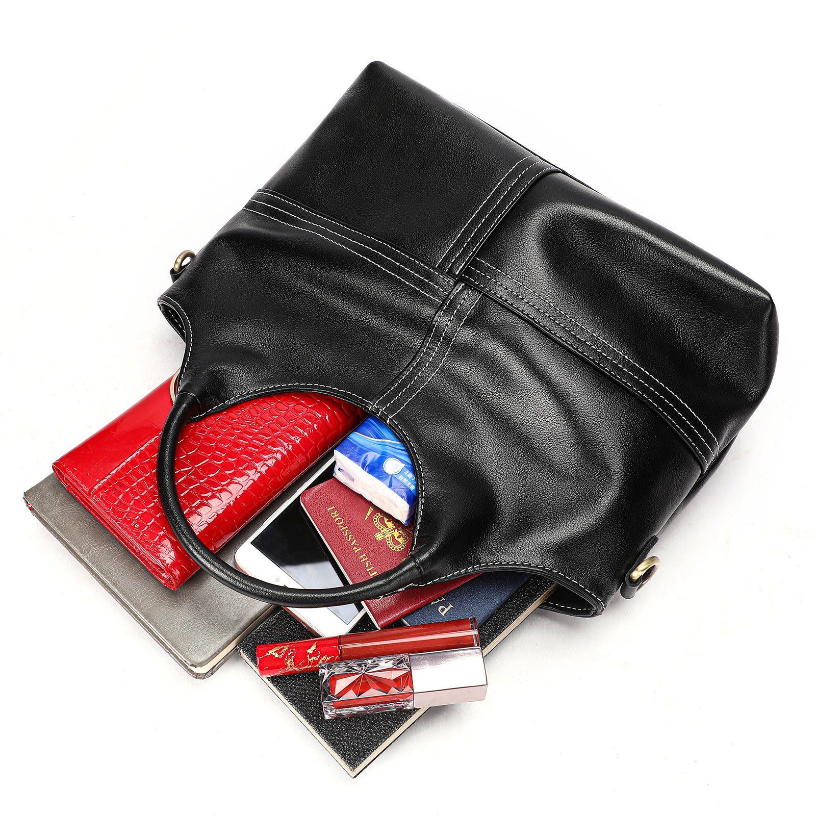 Interior view of large capacity leather crossbody bag