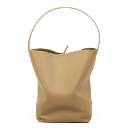 Milky white leather shoulder bucket bag with soft structure