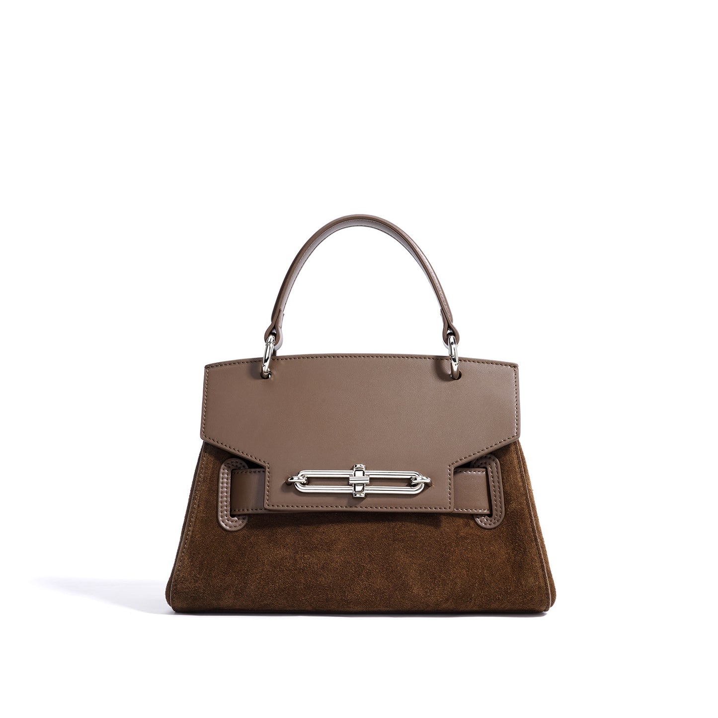 Woman carrying caramel mocha cowhide leather purse