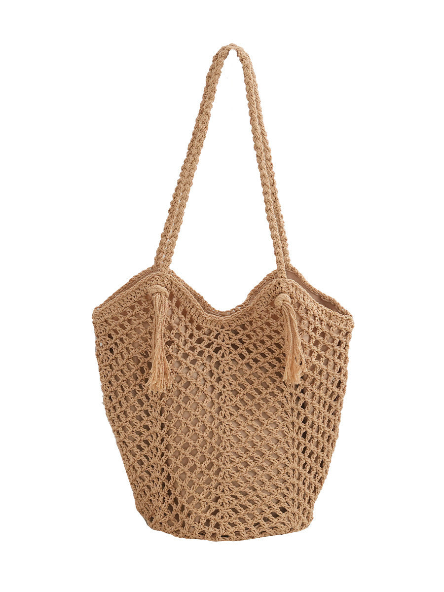 Open pocket woven cotton shoulder bag with boho flair