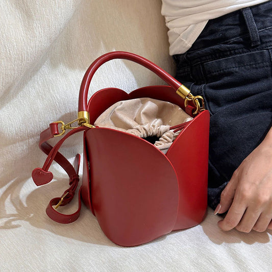 Romantic red PU leather petal-shaped bridal bucket purse