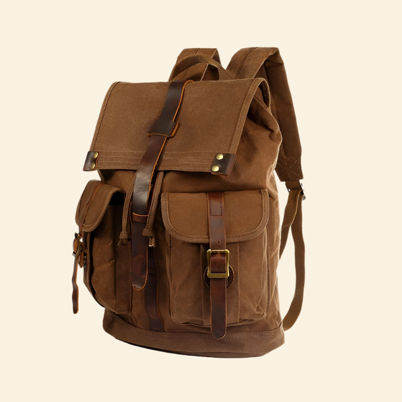 Vintage canvas travel backpack with leather trim