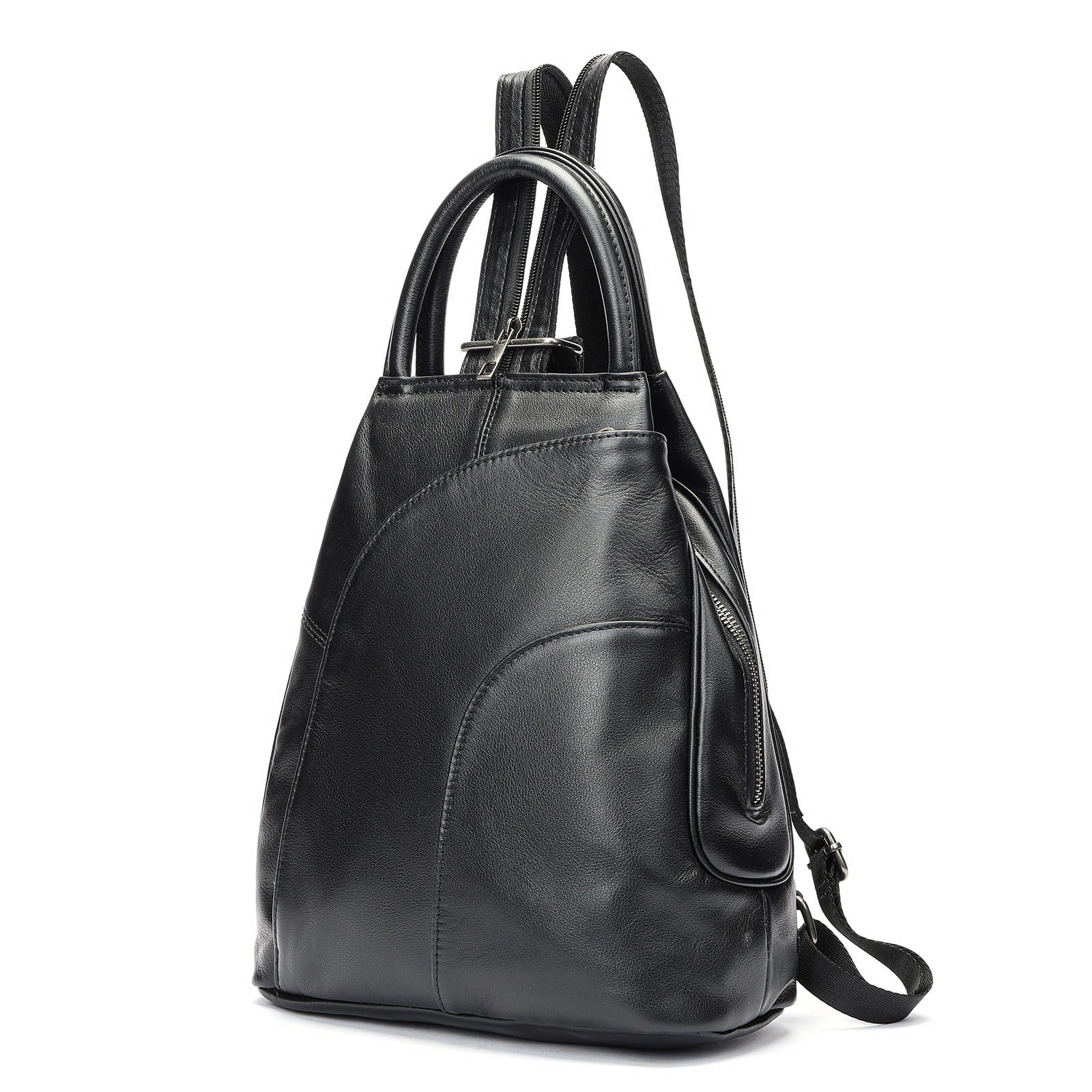 Side profile of cowhide leather backpack for women