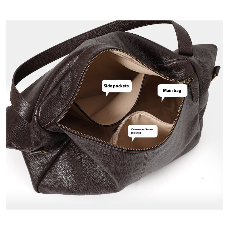 Side view of structured leather work tote in brown