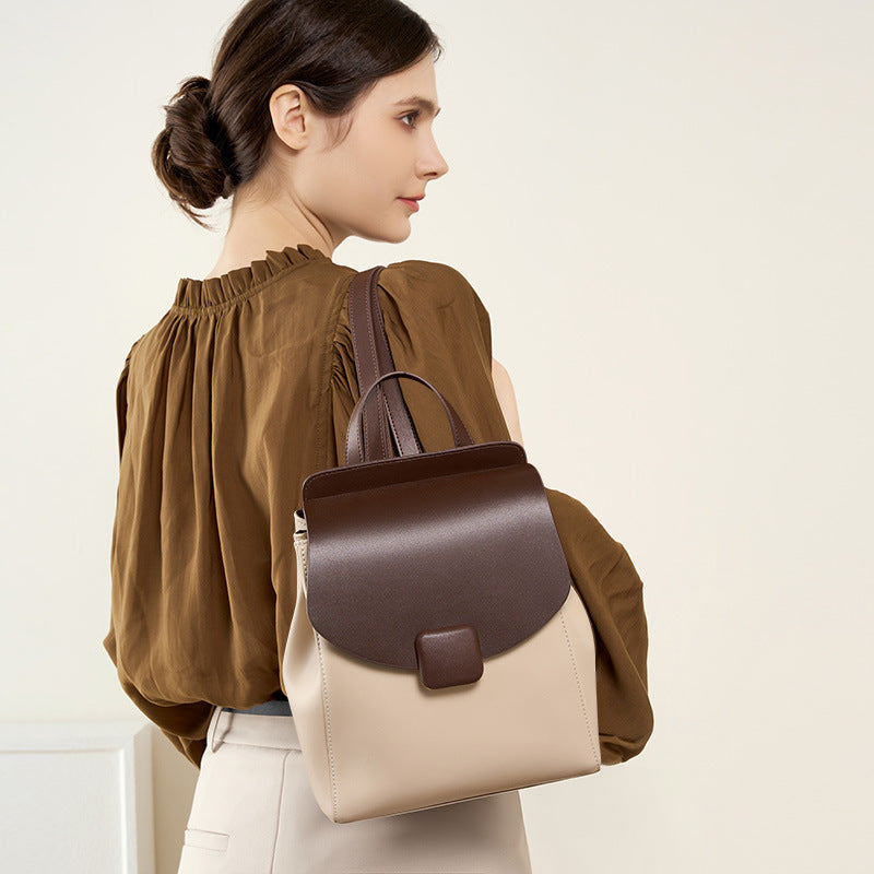 Small leather travel backpack for women in beige and coffee
