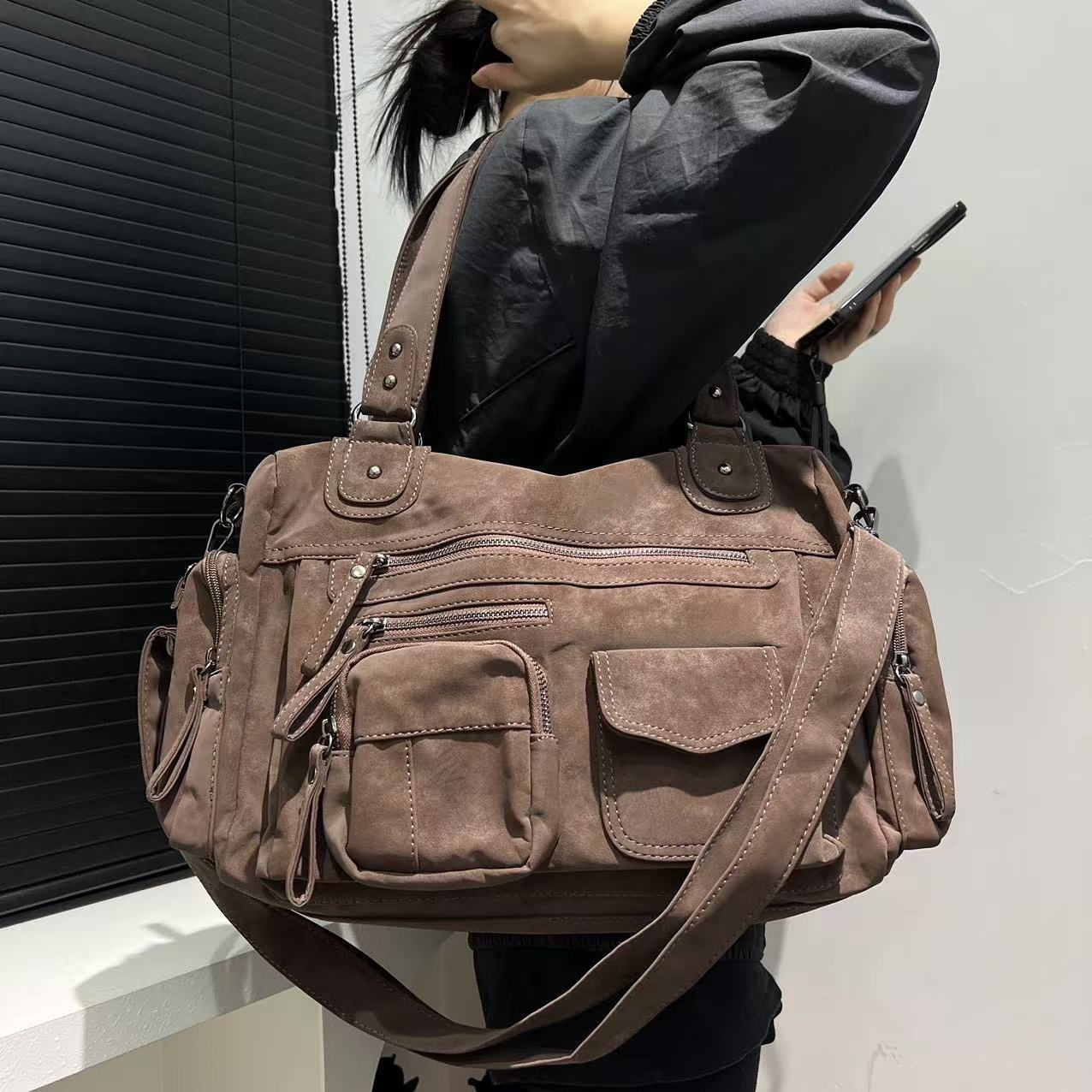 Soft clamshell suede tote with large capacity interior