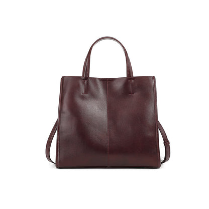 Side view of structured soft leather tote bag