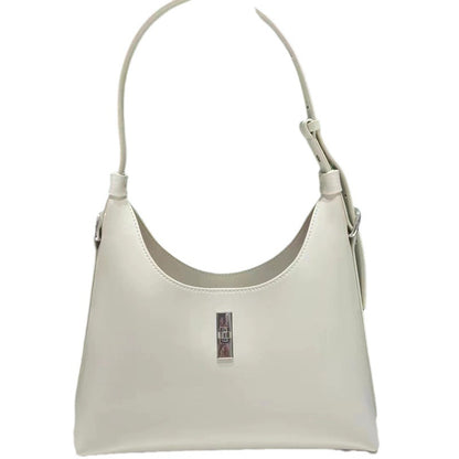 White genuine leather crossbody bag with lock and stitching