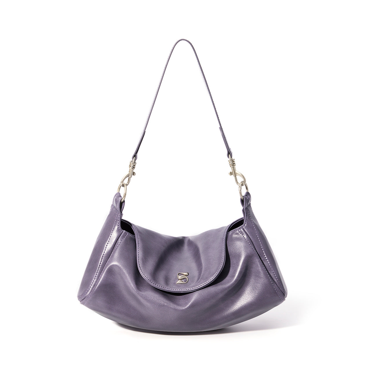 Woman holding purple niche crossbody underarm bag