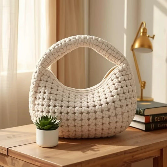 Black hand-woven PU leather crescent handbag for women