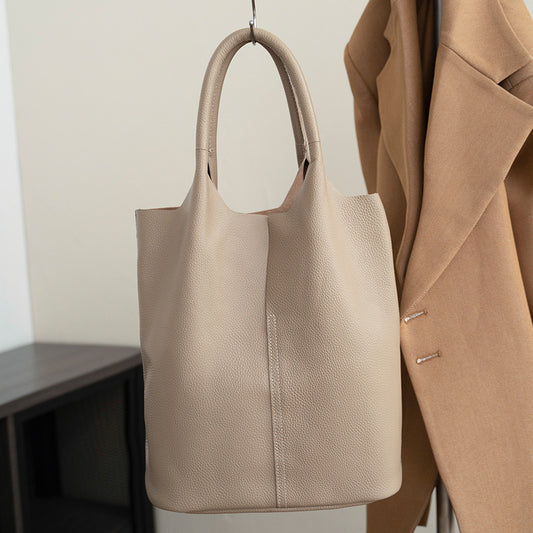 Pearl blue soft leather bucket tote for women