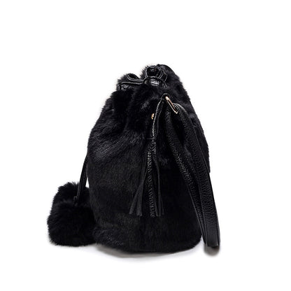 Front view of the plush bucket bag, medium size handbag for women