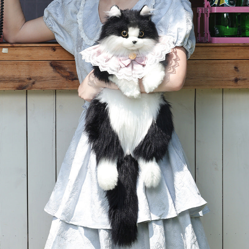 Plush cat handbag with white strap