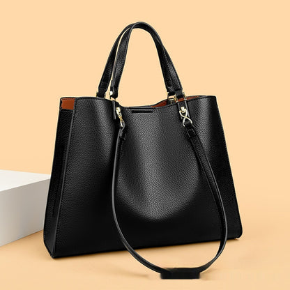 Black PU leather women's fashion tote bag front view