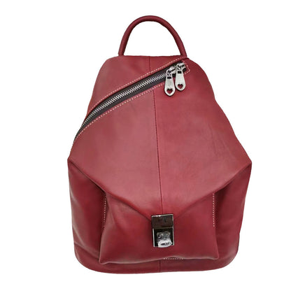 Red cowhide leather backpack for women in street fashion style