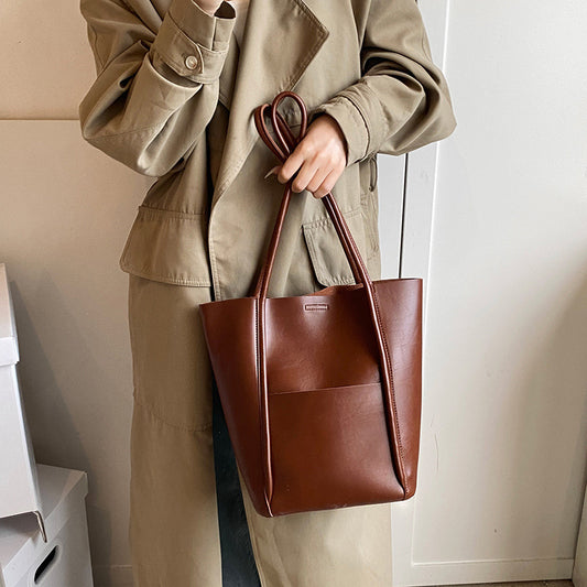 Brown retro PU leather bucket shoulder bag