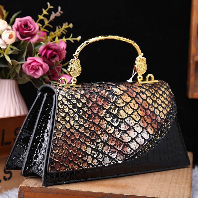 Retro-style black and gold genuine leather bag