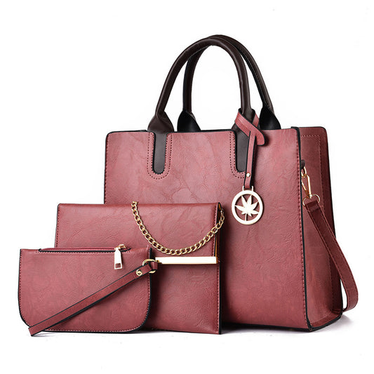 Rubber pink PU leather 3-piece handbag set for women