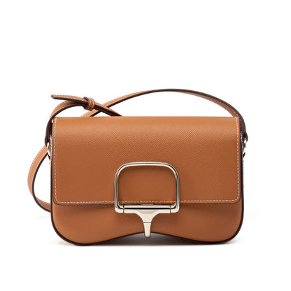 Side view of oval-shaped palm print leather bag