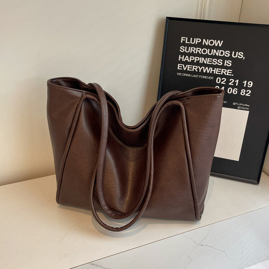 Black PU leather soft shoulder tote bag for women’s daily commute