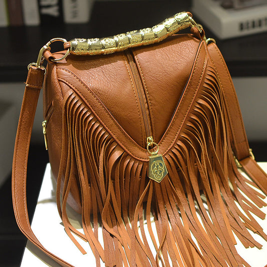 Women's tassel shoulder messenger bag in PU leather