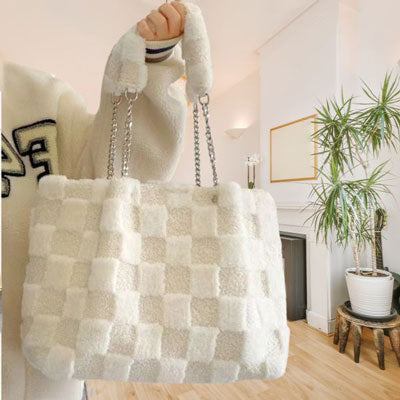White faux wool shoulder tote bag shown from the front