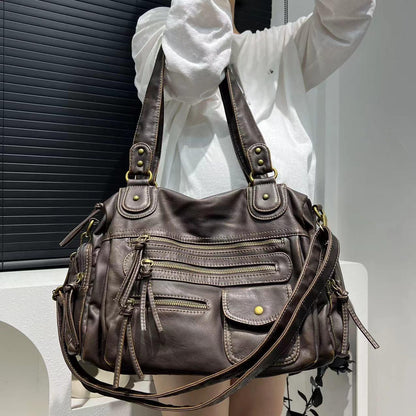 Washed PU leather retro shoulder tote for women