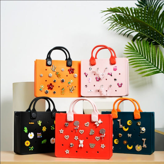 Waterproof EVA handbag for women, stylish beach and travel tote with shoulder strap.