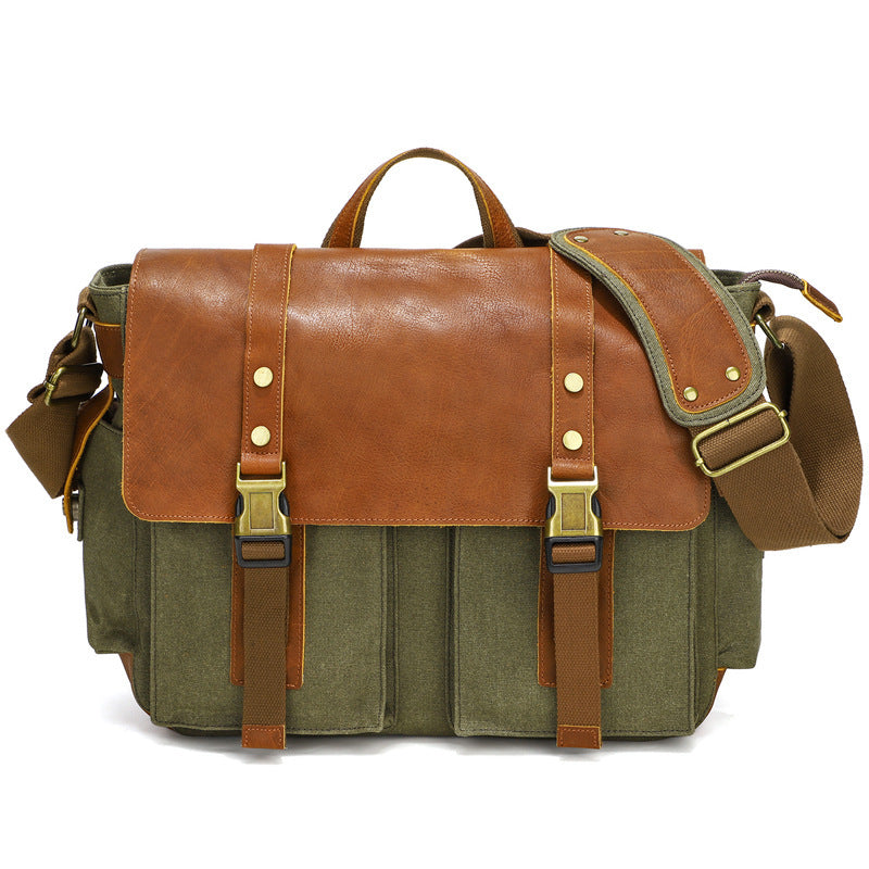 Water-resistant waxed canvas surface with cowhide trim