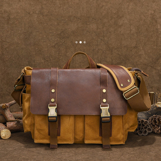 Army green waxed canvas crossbody bag with cowhide leather trim