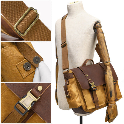 Interior of waxed canvas crossbody with organized compartments