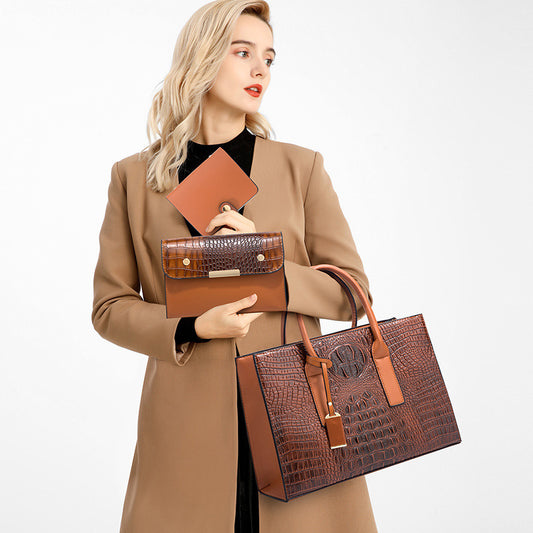 Women’s 3-piece crocodile pattern PU leather handbag set front view