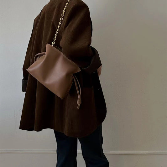 Women's black cowhide leather underarm bucket crossbody bag