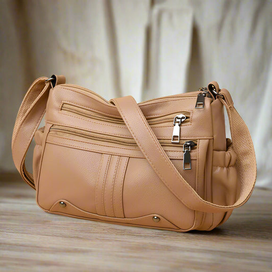 Women's beige large capacity PU shoulder messenger bag